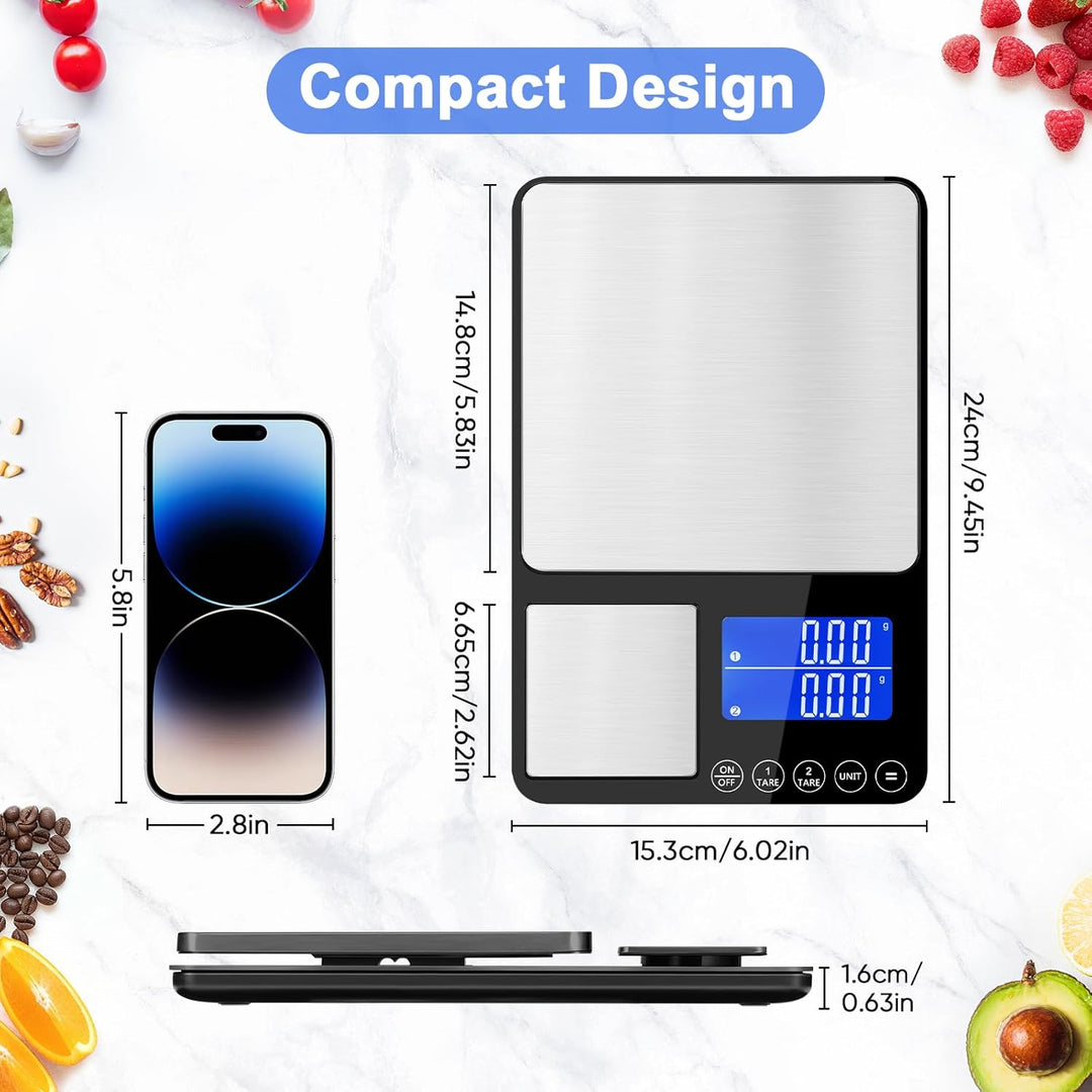 Digitale Küchenwaage mit Dualer Wiegefläche, 15kg/1g & 500g/0.01g Präzisionswaage, Tara & Summierung