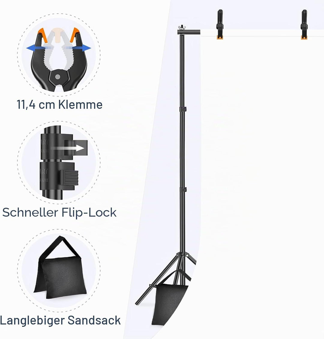 EMART Foto Hintergrund Ständer, 2x3m Verstellbarer Hintergrundsystem mit 4 Stück Hintergrundklemmen,