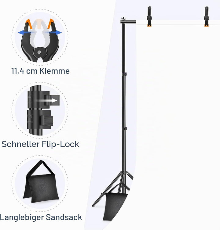 EMART Foto Hintergrund Ständer, 2x3m Verstellbarer Hintergrundsystem mit 4 Stück Hintergrundklemmen,