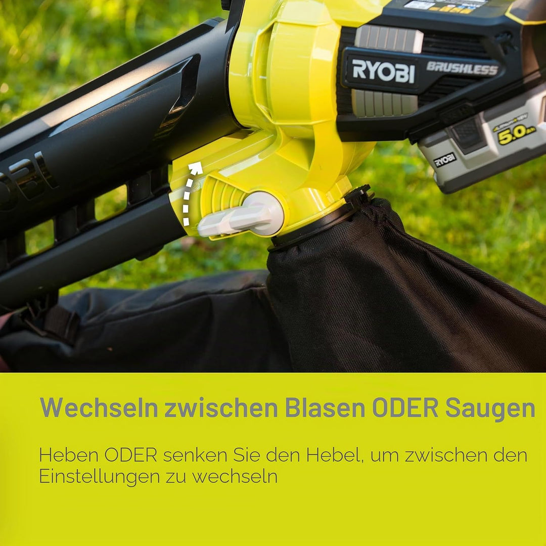 RYOBI 18 V ONE+ Brushless Akku-Laubsauger und Laubgebläse OBV18 (Luftmenge 6,0 m³/min, Luftgeschwind
