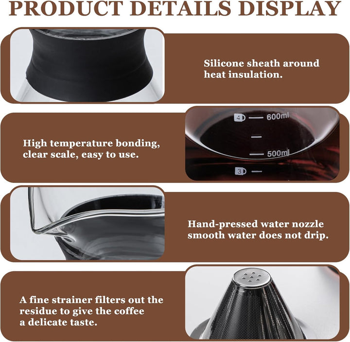 Pour Over Kaffeebereiter, 600 ml Borosilikat Glaskanne mit doppelschichtigem Edelstahlfilter, Perman