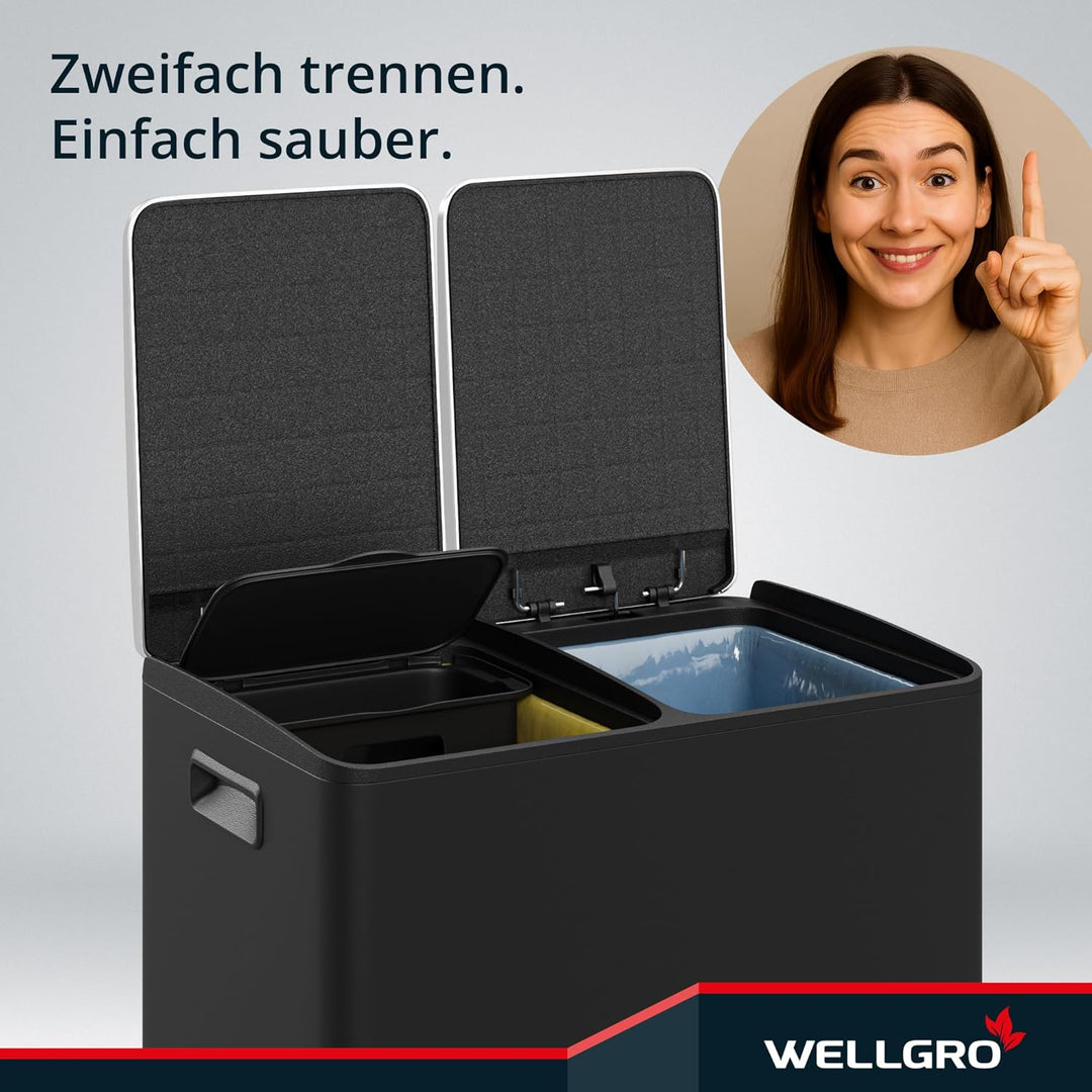 WELLGRO Mülleimer Küche 40 Liter - Edelstahl Tretmülleimer schwarz 2 Fächer, Mülltrennsystem 2 x 20