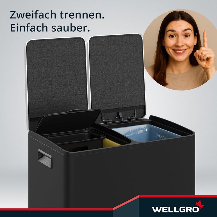 WELLGRO Mülleimer Küche 40 Liter - Edelstahl Tretmülleimer schwarz 2 Fächer, Mülltrennsystem 2 x 20