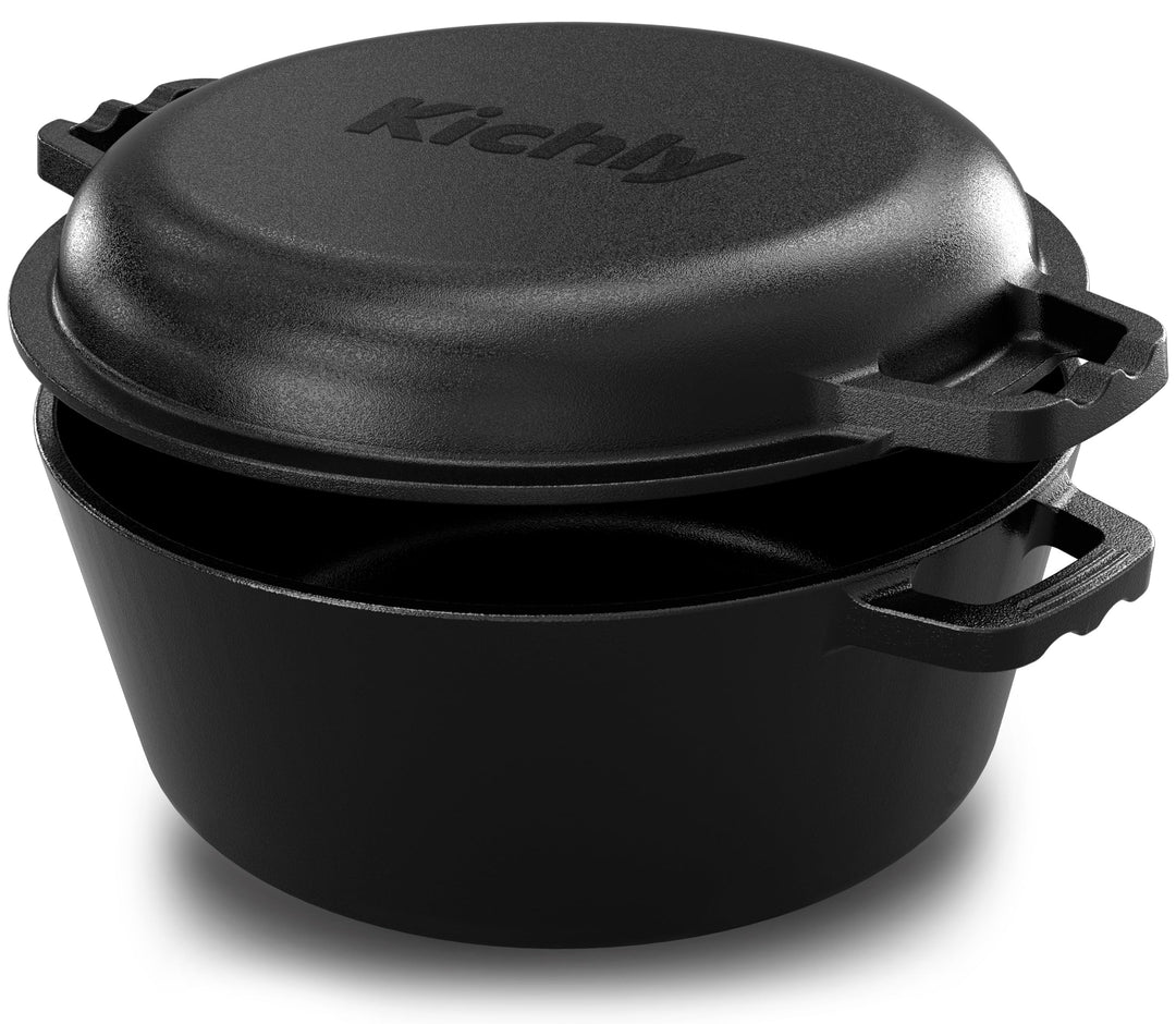 Kichly 2 in 1 Gusseisen Topf Mit Doppelter Zweck Grillpfannendeckel - Vorgewürzter Gusseiserner Dutc