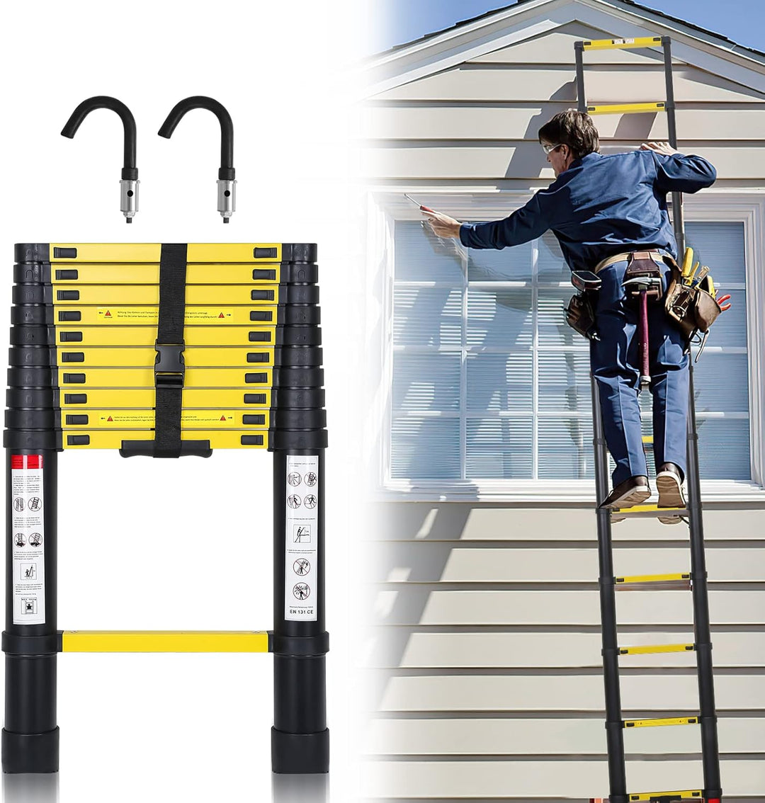 Eulenke 3,8M Teleskopleiter, Rutschfester Aluminium Multifunktionsleiter mit 2 Haken, Ausziehleiter