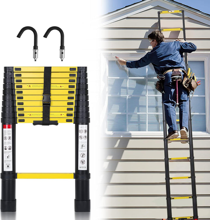 Eulenke 3,8M Teleskopleiter, Rutschfester Aluminium Multifunktionsleiter mit 2 Haken, Ausziehleiter