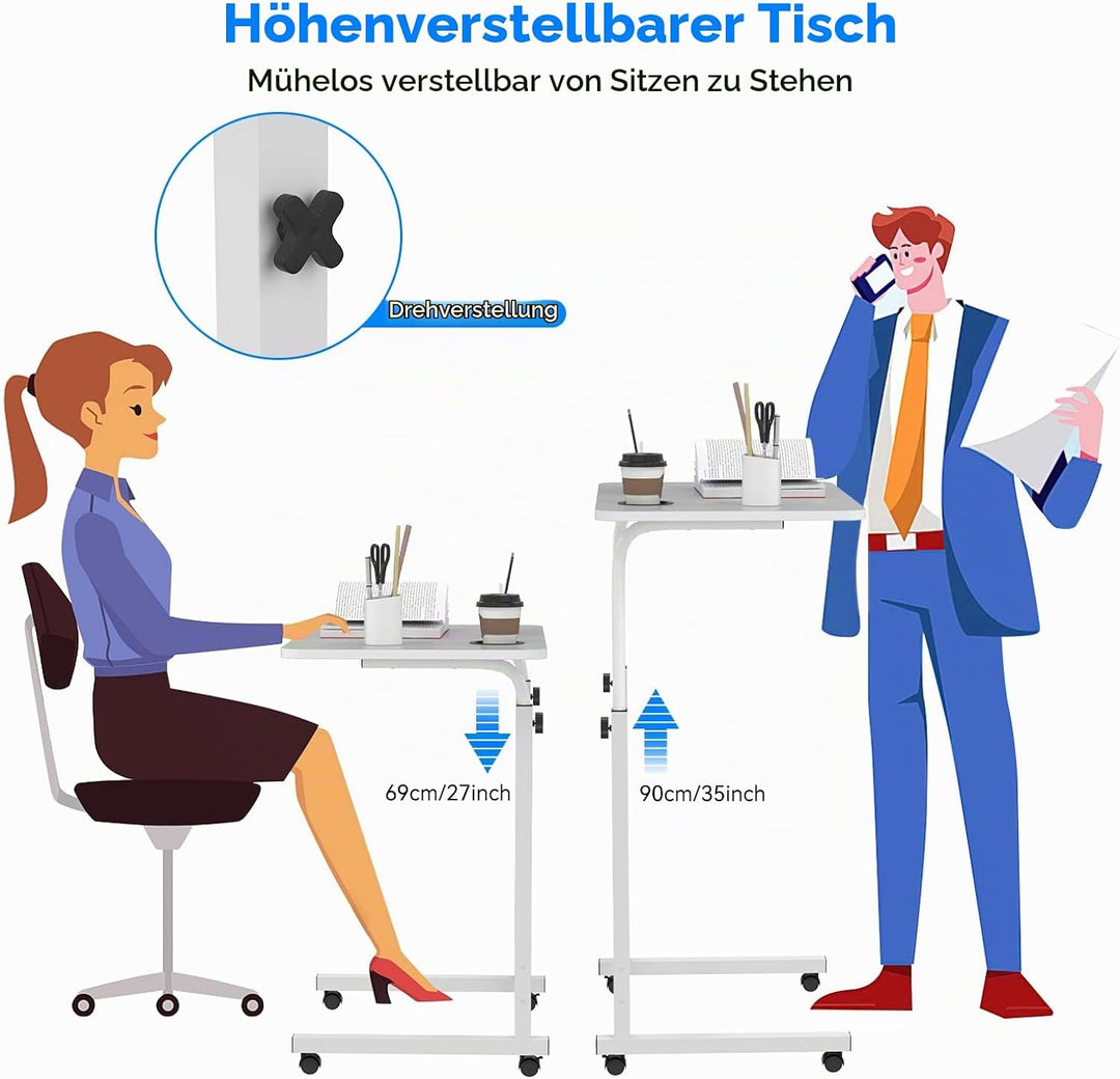 PIPIPOXER 60x40cm Laptoptisch mit Rollen, Laptoptisch höhenverstellbarer 69-90 cm, Schreibtisch Comp