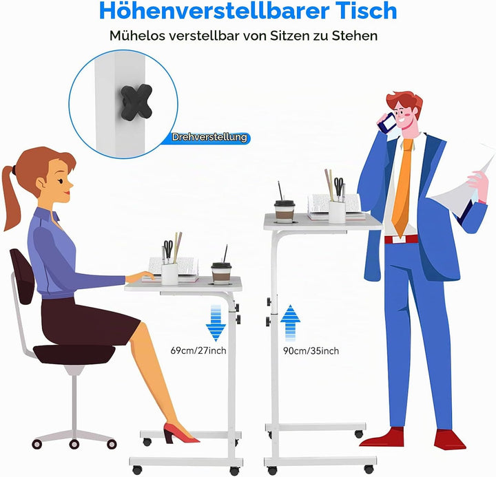 PIPIPOXER 60x40cm Laptoptisch mit Rollen, Laptoptisch höhenverstellbarer 69-90 cm, Schreibtisch Comp