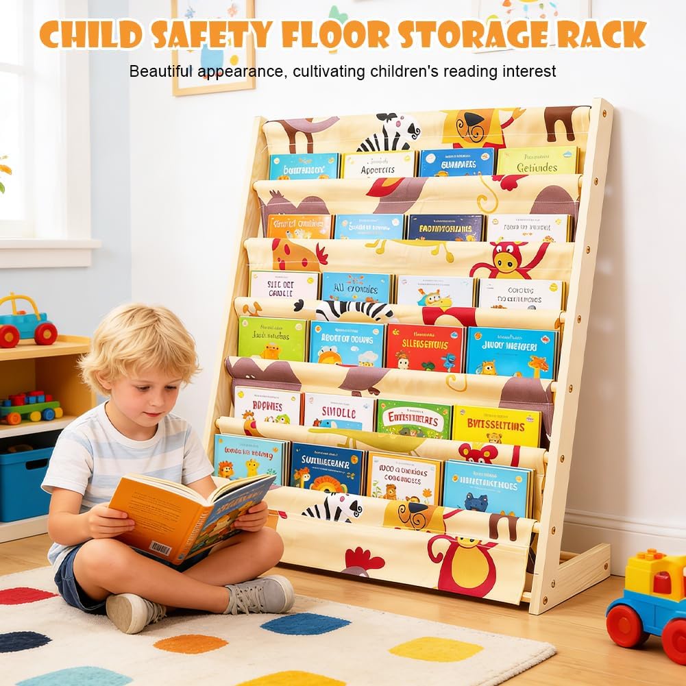 Bücherregal Kinder mit 6 Oxford-Stoff Fächern,Kinder-Bücherregal, 6 Ebenen, Bücherregal,Aufbewahrung