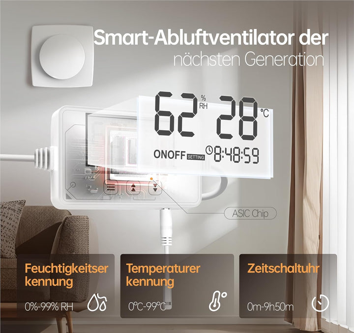 Badlüfter mit Feuchtigkeitssensor&Temperatursensor, Timer - Bad Lüfter 100mm mit Visualisiertem Cont