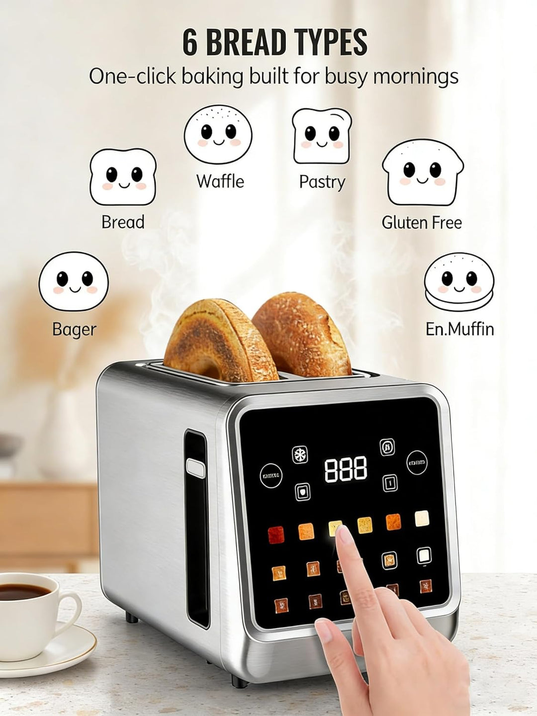 Touch Screen Toaster 2 Slice with LCD Display Digital Timer Toasters 6 Bread Types&amp; 6 Shade Settings
