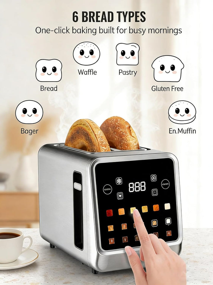 Touch Screen Toaster 2 Slice with LCD Display Digital Timer Toasters 6 Bread Types&amp; 6 Shade Settings