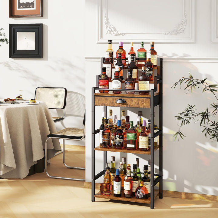 IBUYKE Stufen Weinregal, Freistehend, Weinschrank mit Schublade und Ausstellungsregal für Whisky, Tr