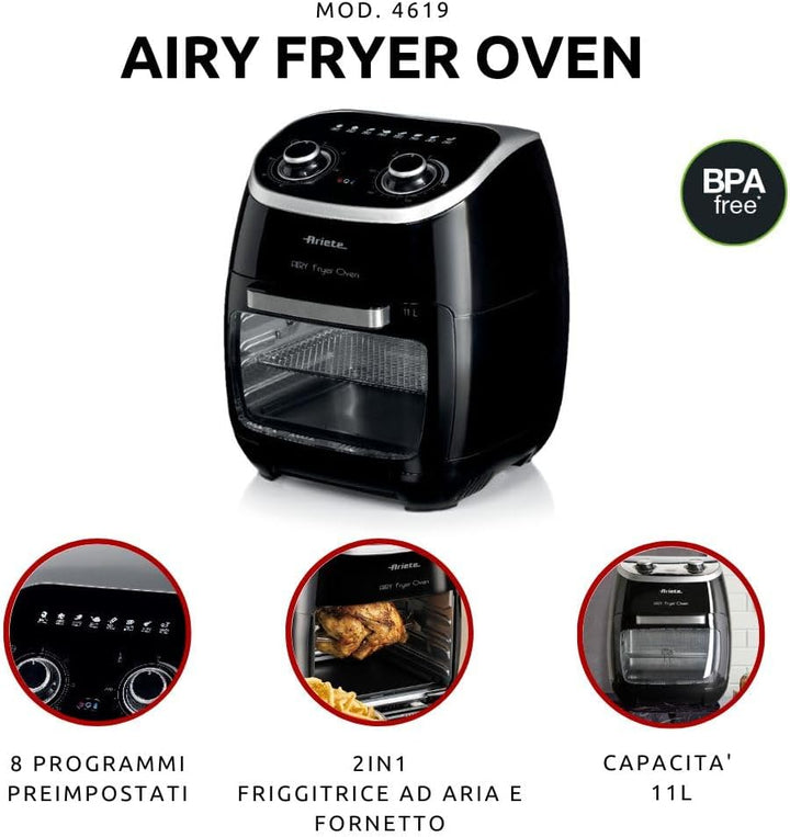 Ariete 4619 Luft- und Ofenfritteuse in einem, 11 Liter, Multifunktions-Timer 60 Minuten, abnehmbare