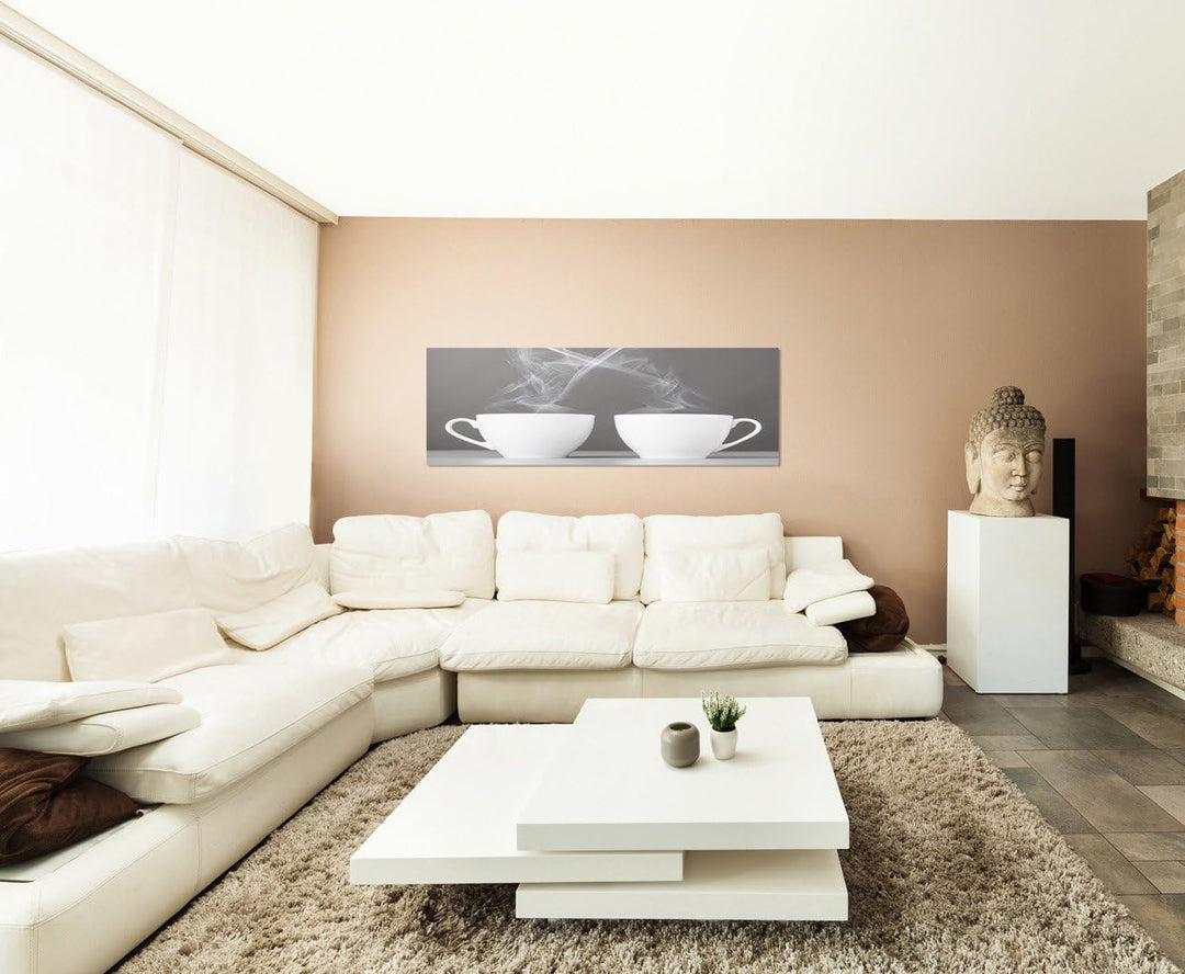 Paul Sinus Art Panoramabild auf Leinwand und Keilrahmen 120x40cm Tassen Dampf Herz Kaffee Liebe
