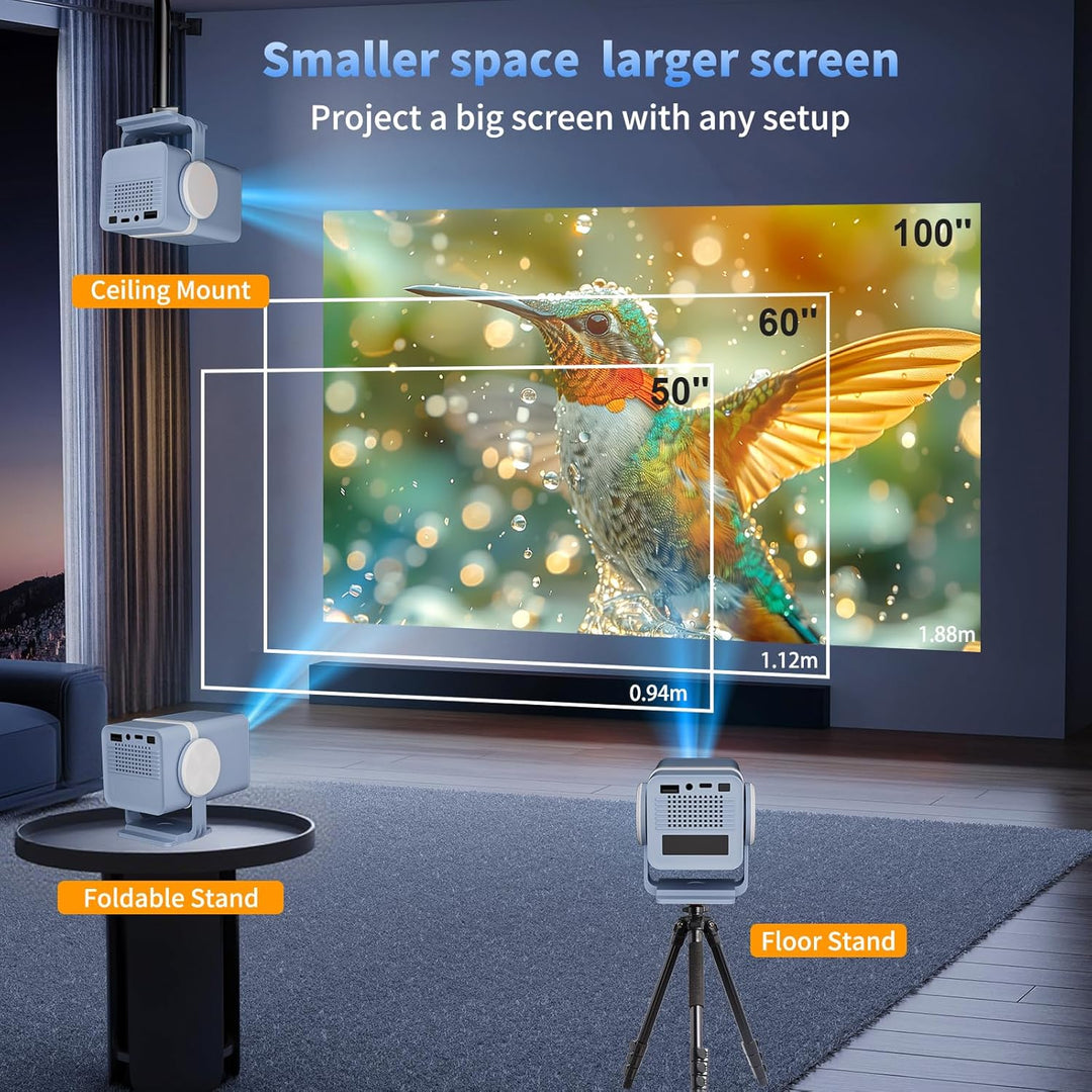 Mini Beamer 4K Unterstützt, Tragbarer Projektor,Android 13, WiFi6 & BT5.0, Short Throw Beamer Klein