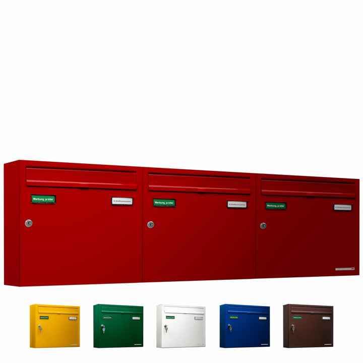AL Briefkastensysteme Basic 3er Briefkasten RAL 3000 Feuer Rot 3 Fächer DIN A4 wetterfest Briefkaste