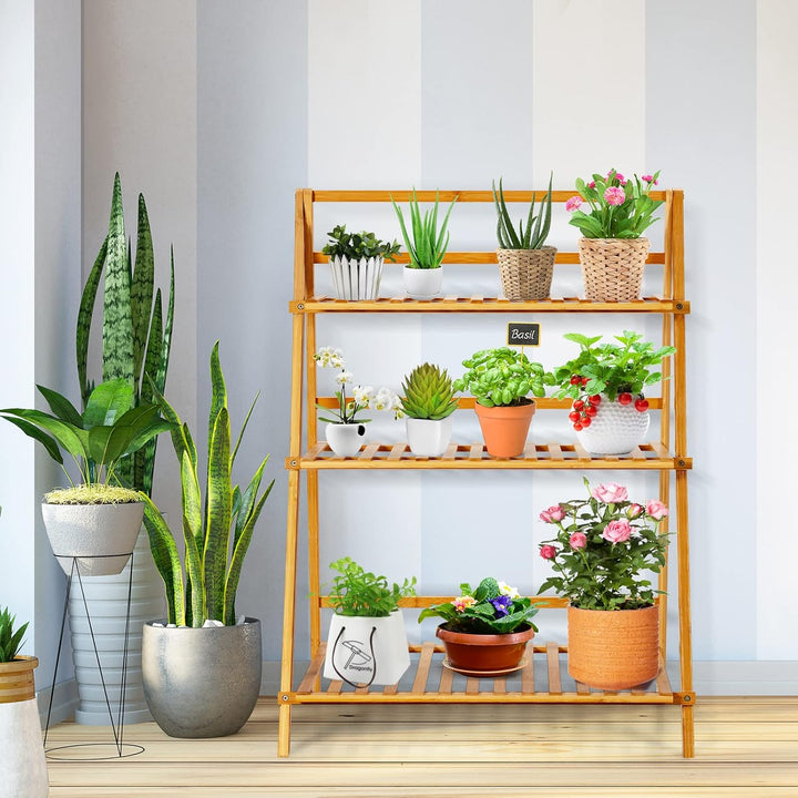 GOPLUS 3 Ebenen Blumenregal Bambus, klappbares Pflanzenregal, Blumentreppe, Blumenständer, Blumenlei