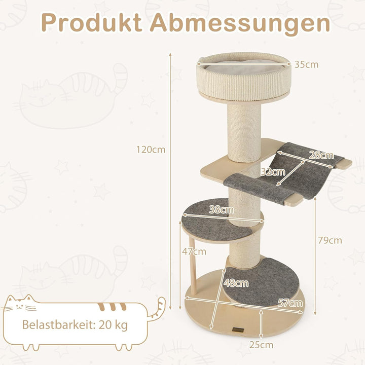 COSTWAY 120cm Kratzbaum Holz, Katzenbaum mit Hängematte, 14,5 cm dickem Stamm, 3 Plattformen, Sisal-