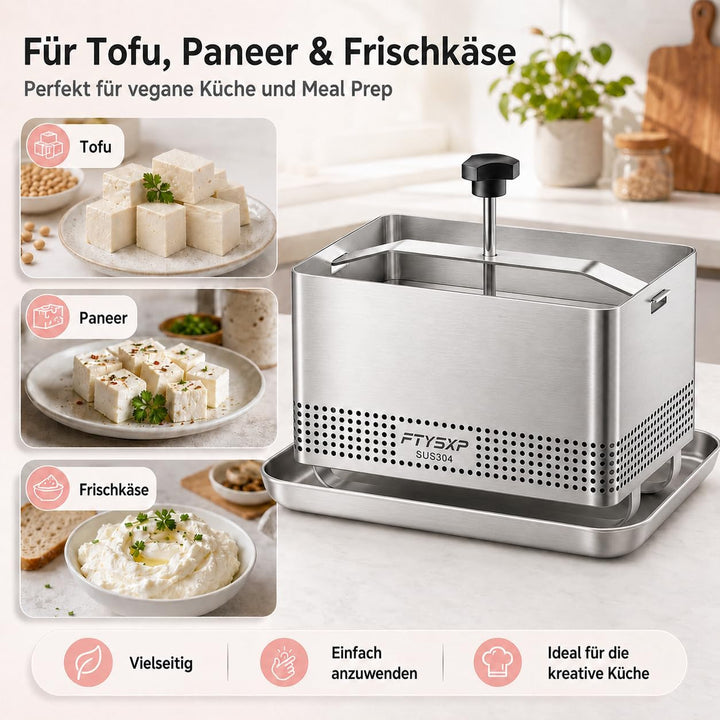 Tofupresse Edelstahl 304, verstellbare Tofu Presse mit Abtropfschale & Käsetuch, BPA-frei, spülmasch