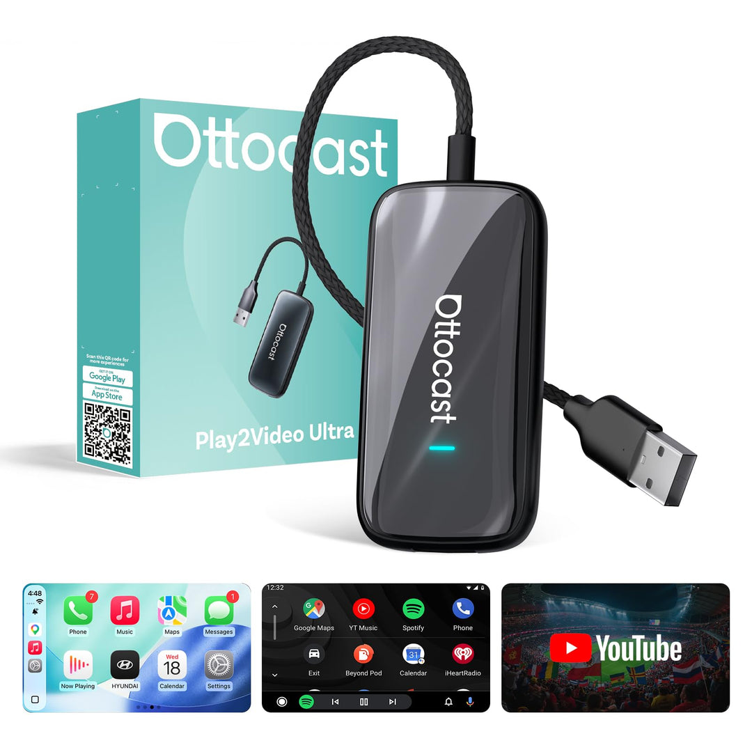 OTTOCAST Play2Video Ultra, 3-in-1 AI Box für Netflix/YouTube/Prime Video Streaming, Kabelloses CarPl