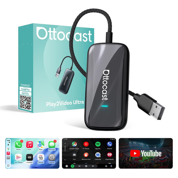 OTTOCAST Play2Video Ultra, 3-in-1 AI Box für Netflix/YouTube/Prime Video Streaming, Kabelloses CarPl