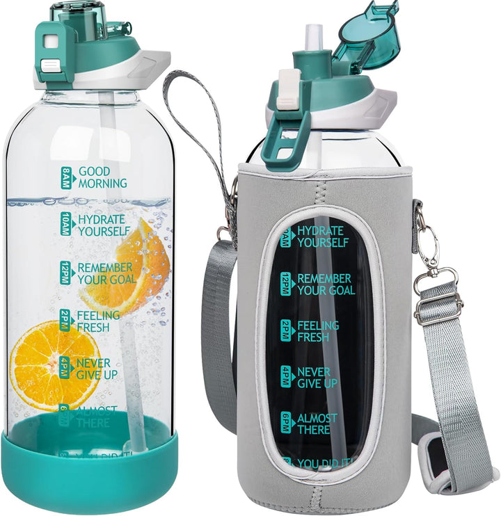 Seekua 2l Sport Trinkflasche Glas Flasche mit Strohhalm & Zeitmarkierung auslaufsicher bpa frei 2 li