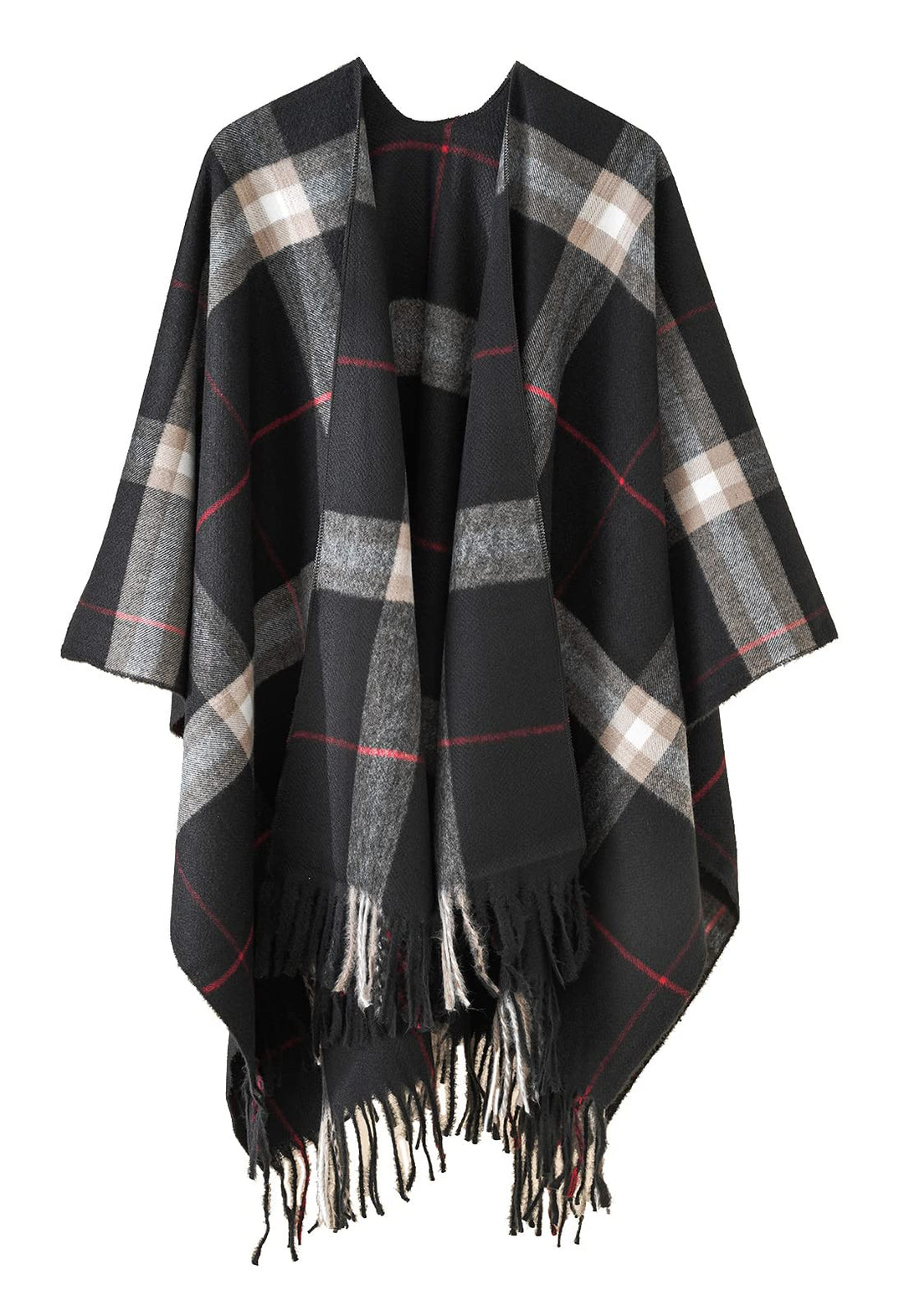 Danfiki Damen Poncho Schal Cashmere Feeling Strick Cape Cardigan Einheitsgrösse Doppelgitter Schwarz