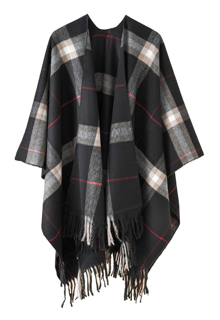 Danfiki Damen Poncho Schal Cashmere Feeling Strick Cape Cardigan Einheitsgrösse Doppelgitter Schwarz