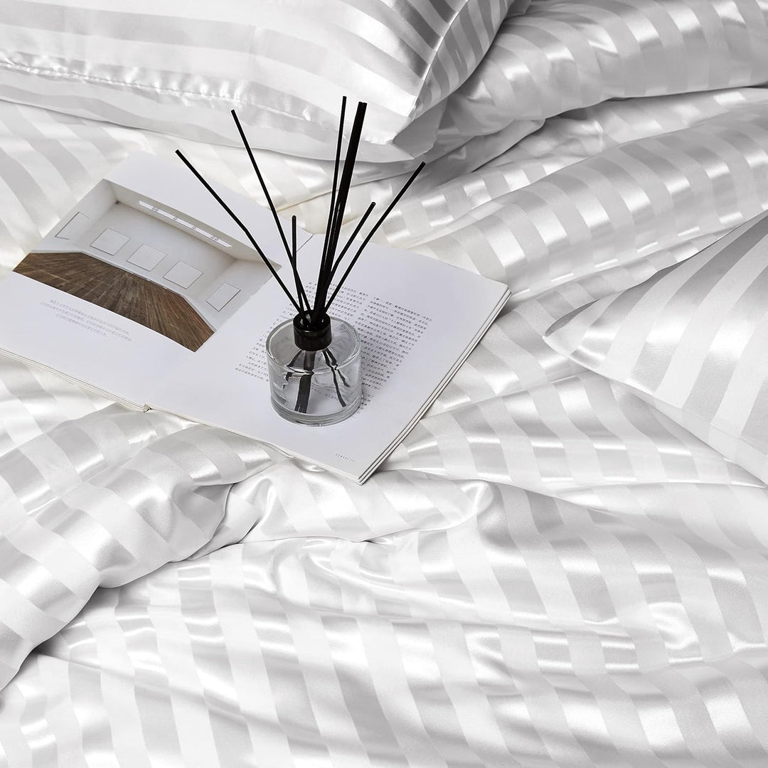 Damier Satin Bettwäsche 155x220 Weiss glatt gestreift Bettbezug Set 2 teilig Luxus Glanzsatin Decken