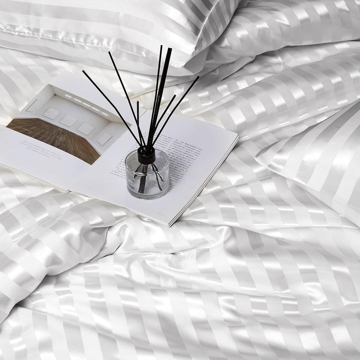 Damier Satin Bettwäsche 155x220 Weiss glatt gestreift Bettbezug Set 2 teilig Luxus Glanzsatin Decken
