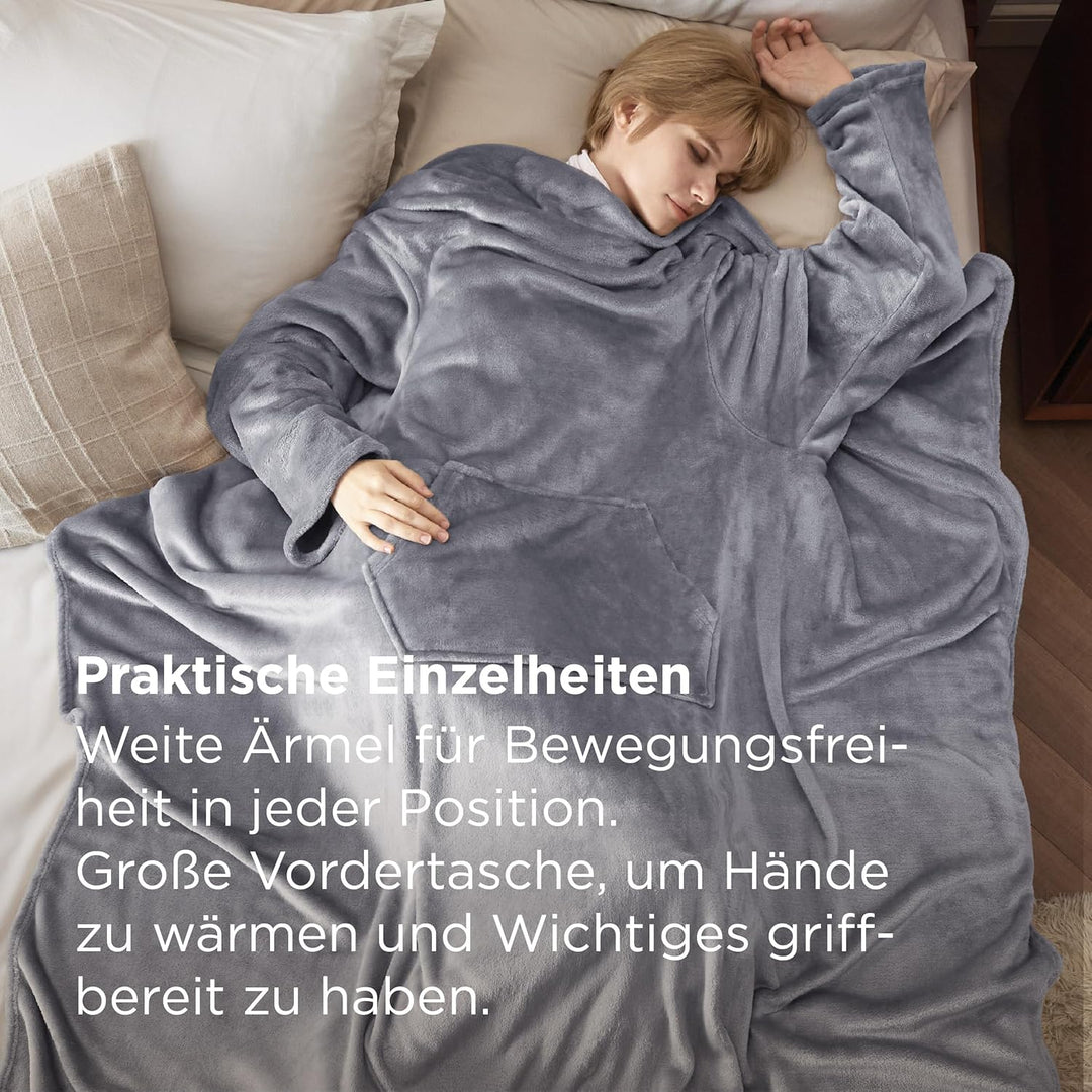 BEDSURE Decke mit Ärmeln als Geschenke für Frauen - Kuscheldecke mit Ärmeln Grau Erwachsene Ärmeldec