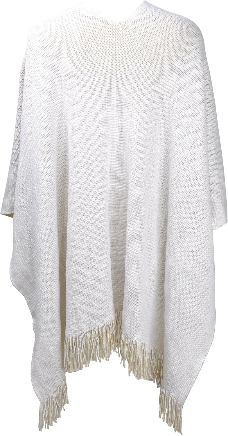 ZLYC Damen Herbst Winter Kaschmir Poncho Capes Retro Strick Cardigans mit Fransen Einheitsgrösse Wei