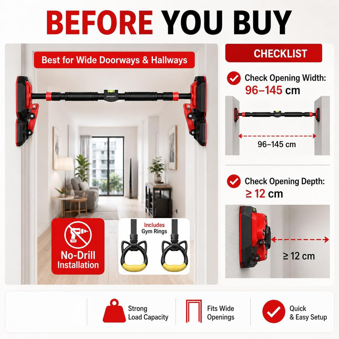 No-Drill Heavy-Duty Pull-Up Bar, Adjustable 96–145 cm for Hallways, Comes with 2 Pull Rings, Home Up