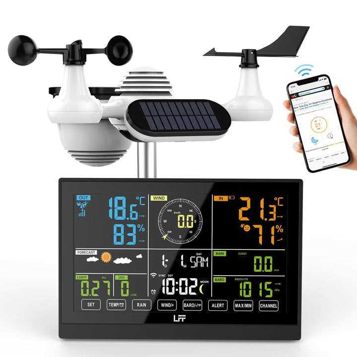 LFF WLAN Wetterstation mit 7in1 Funk Aussensensor, Funkwetterstation mit 7,5-Zoll Digital, Regenmess