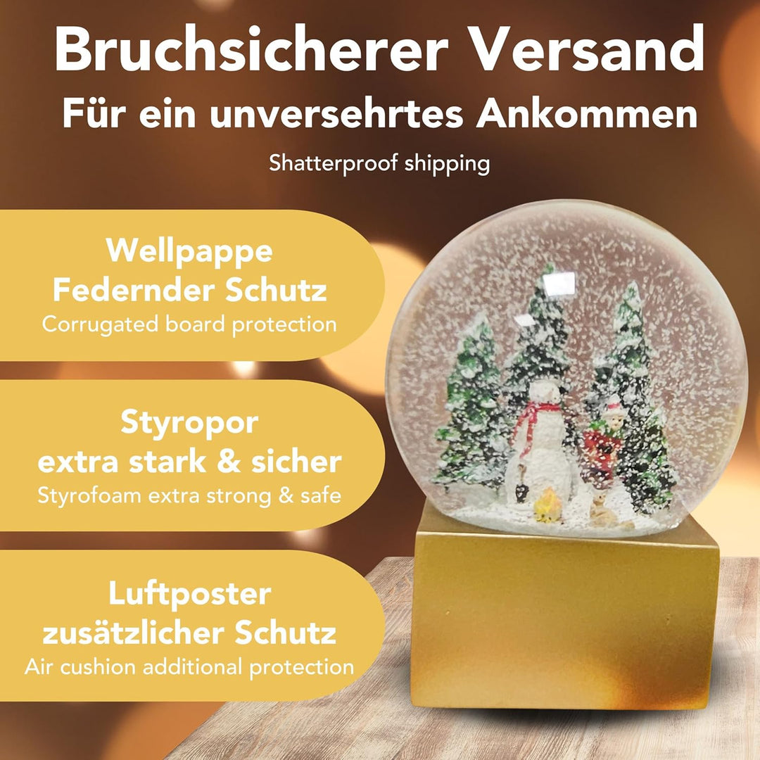Weihnachts-Schneekugel Winterstimmung | Schneemann Steht mit Kind auf Schlitten | Sockel Farbe Gold
