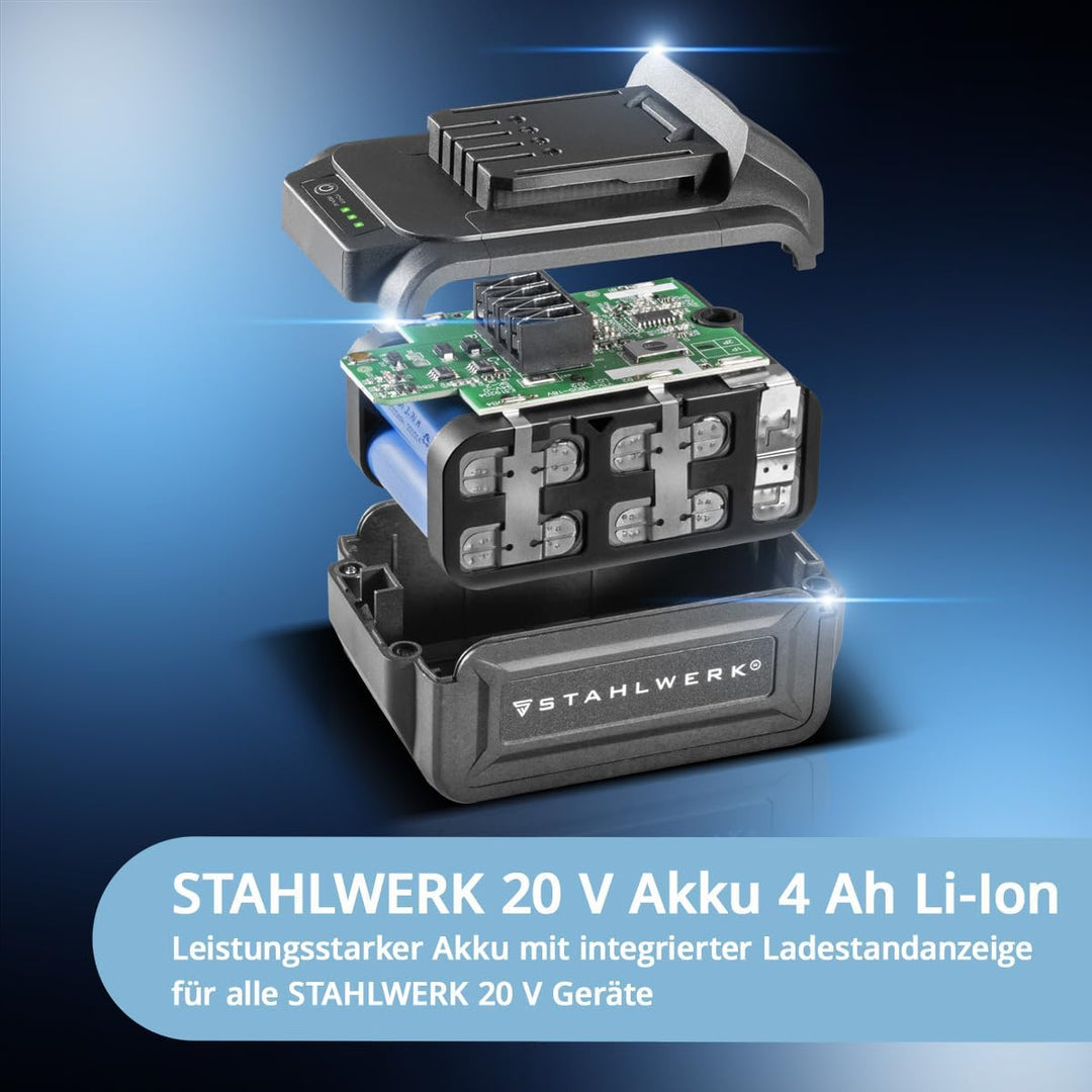 STAHLWERK Akku-Winkelschleifer 20 V Brushless (AWS-20 ST) – inkl. 4Ah Li-Ion Akku, Ladegerät, Maschi