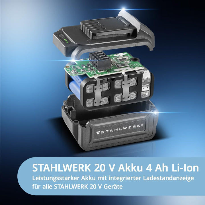 STAHLWERK Akku-Winkelschleifer 20 V Brushless (AWS-20 ST) – inkl. 4Ah Li-Ion Akku, Ladegerät, Maschi