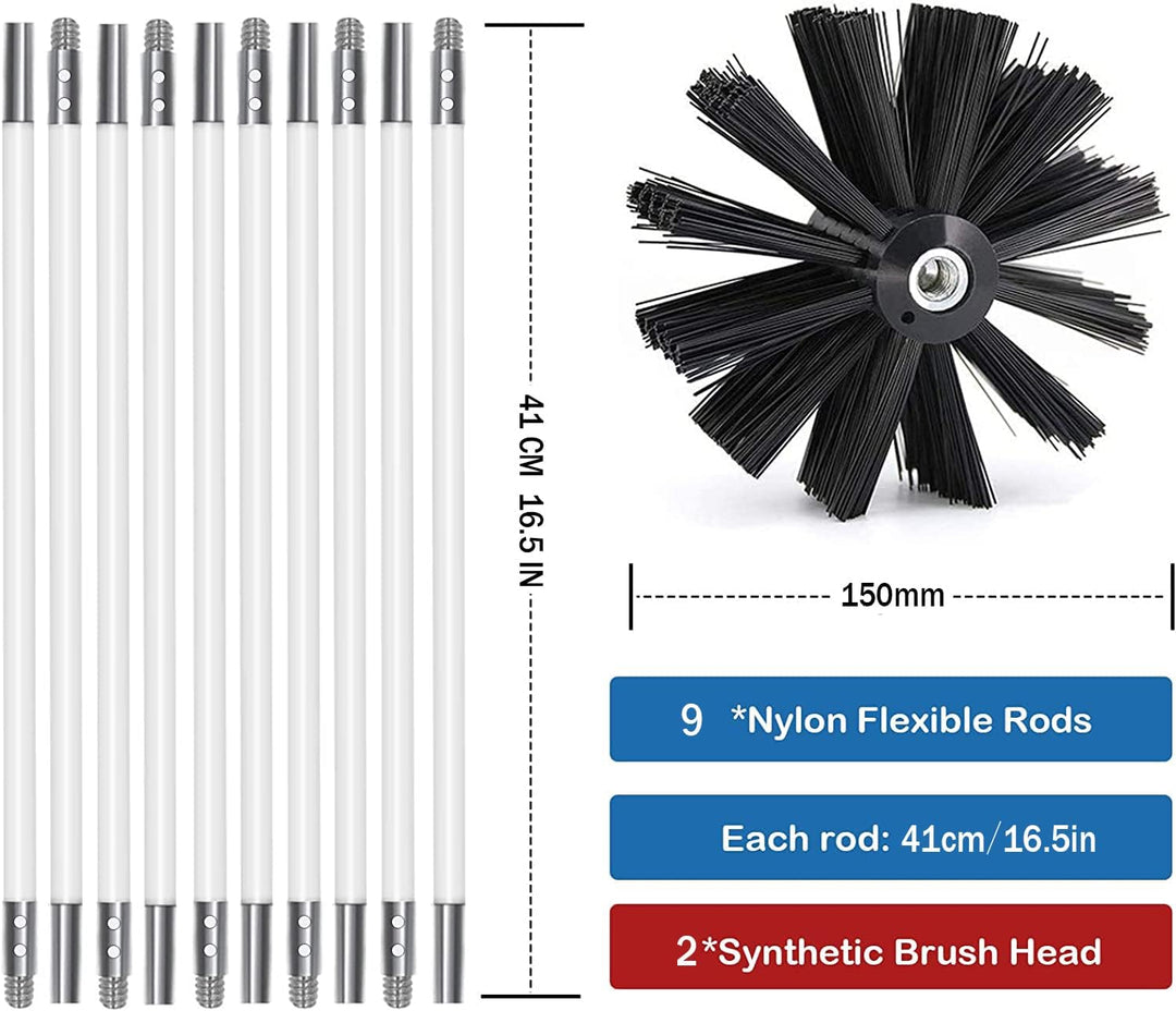 Kaminbürste Stange Set, Durchmesser 150mm, Kaminbürste enthält 9 Flexible Stangen 410mm und 2 Bürste