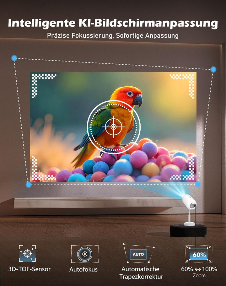 VGKE Mini Beamer mit Android-App, 3D TOF-Autofokus, Automatische Trapezkorrektur, 16000 Lumen Full H