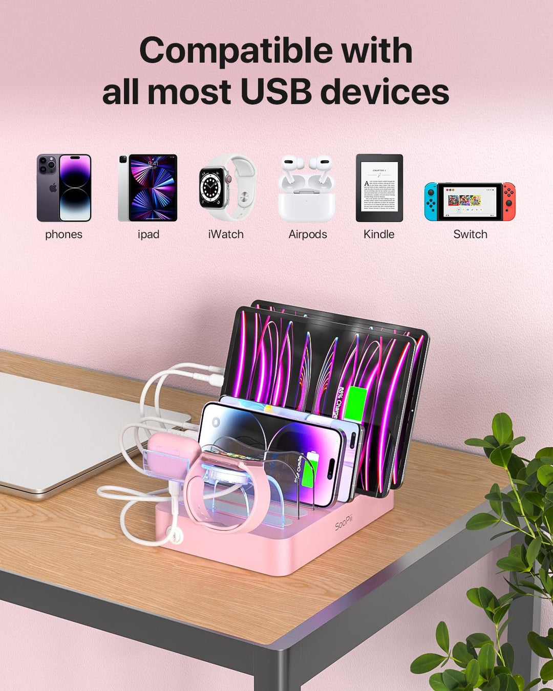 SooPii USB-Ladestation Organizer für mehrere Geräte, 6 Ports 50W Ladestation mit 6 Kabeln und aktual