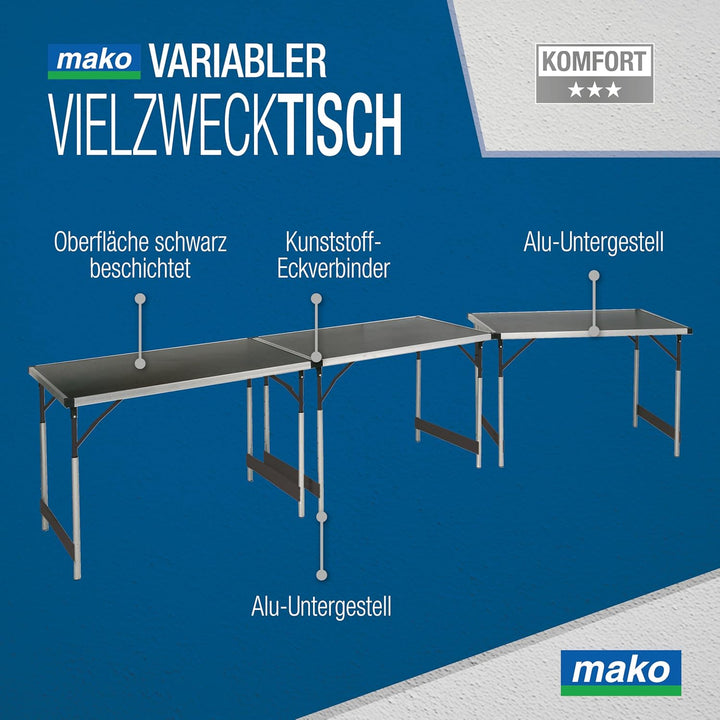 mako Tapeziertisch Profi, 3er-Set – Höhenverstellbarer Multifunktionstisch mit Alu-Rahmen, robuster