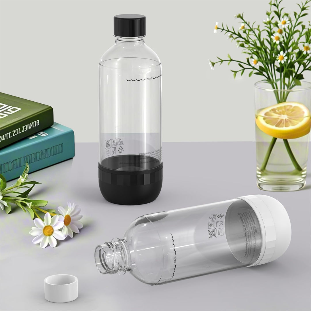 2er Set Sodaflaschen 1 Liter BPA Frei PET Schwarz und Weiss Wiederverwendbare Sprudelflaschen Kompat