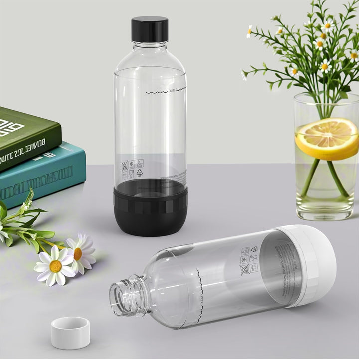 2er Set Sodaflaschen 1 Liter BPA Frei PET Schwarz und Weiss Wiederverwendbare Sprudelflaschen Kompat