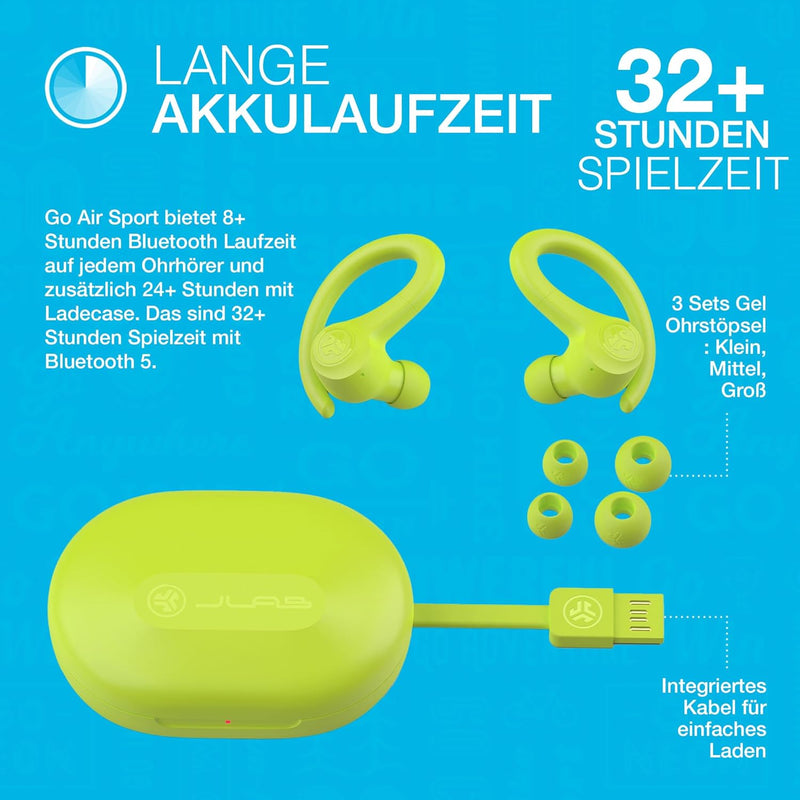 JLab Go Air Sport, In Ear Kopfhörer kabellos, Bluetooth Kopfhörer Sport - Sportkopfhörer, 32+ Stunde