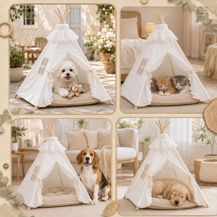Tipi Zelt für Hunde und Katzen 40x40x50cm, 5-Eckiges Kiefernholz Haustierzelt mit Doppelseitigem Kis
