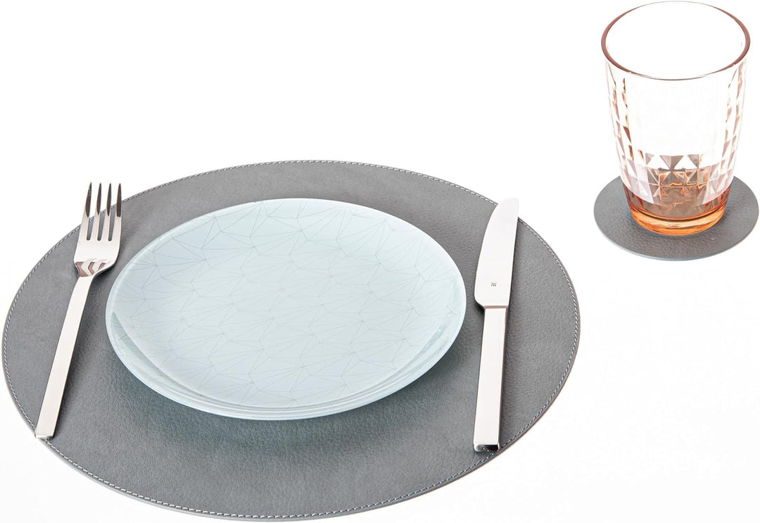 Nikalaz Rund Platzsets und Untersetzer aus recyceltem Leder, 4 Stück Platzdeckchen 33 cm und 4 Unter