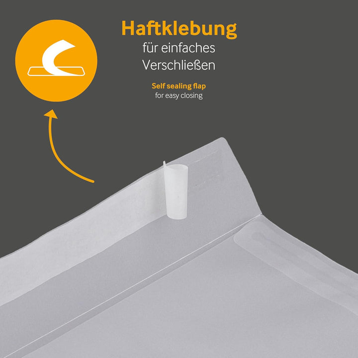 100 Stück, Transparent-Versandtaschen, DIN B5, Haftklebung mit Abziehstreifen, Gerade Klappe, 90 g/q