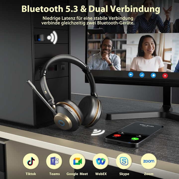 Earbay Headset mit Mikrofon Bluetooth, Headset kabellos KI-Geräuschunterdrückung &amp; USB-Dongle, Bluet