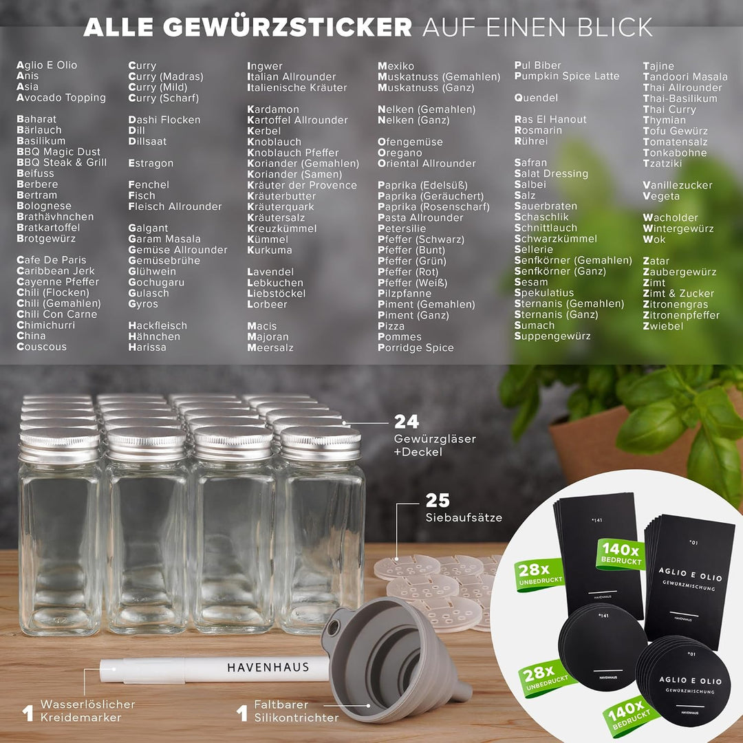 Havenhaus Premium Gewürzgläser Set Aluminium | 24 Gewürz Organizer inkl. 336 deutschen Gewürzetikett